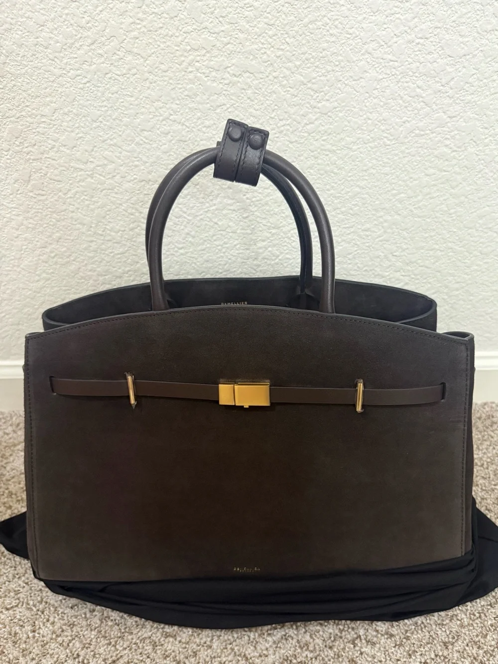 DeMellier Large The Hudson Dark Chocolate Suede Leather Tote Gold Hardware NWT